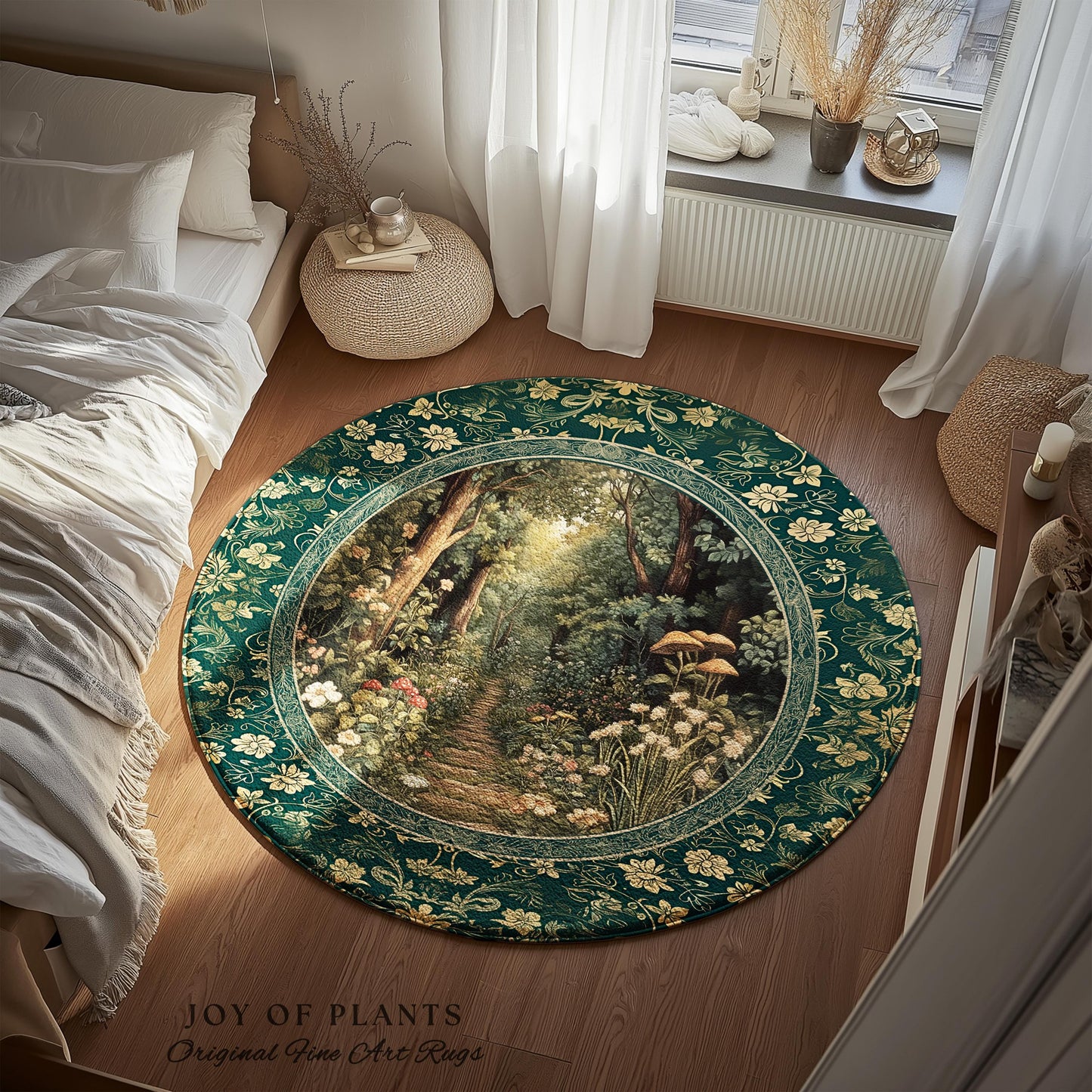 Botanical Bedroom Area Rug Fairycore | Woodland Mushroom Aesthetic Nature Lover Book Nook Bedroom Emerald Green Decor Fairytale Inspired |