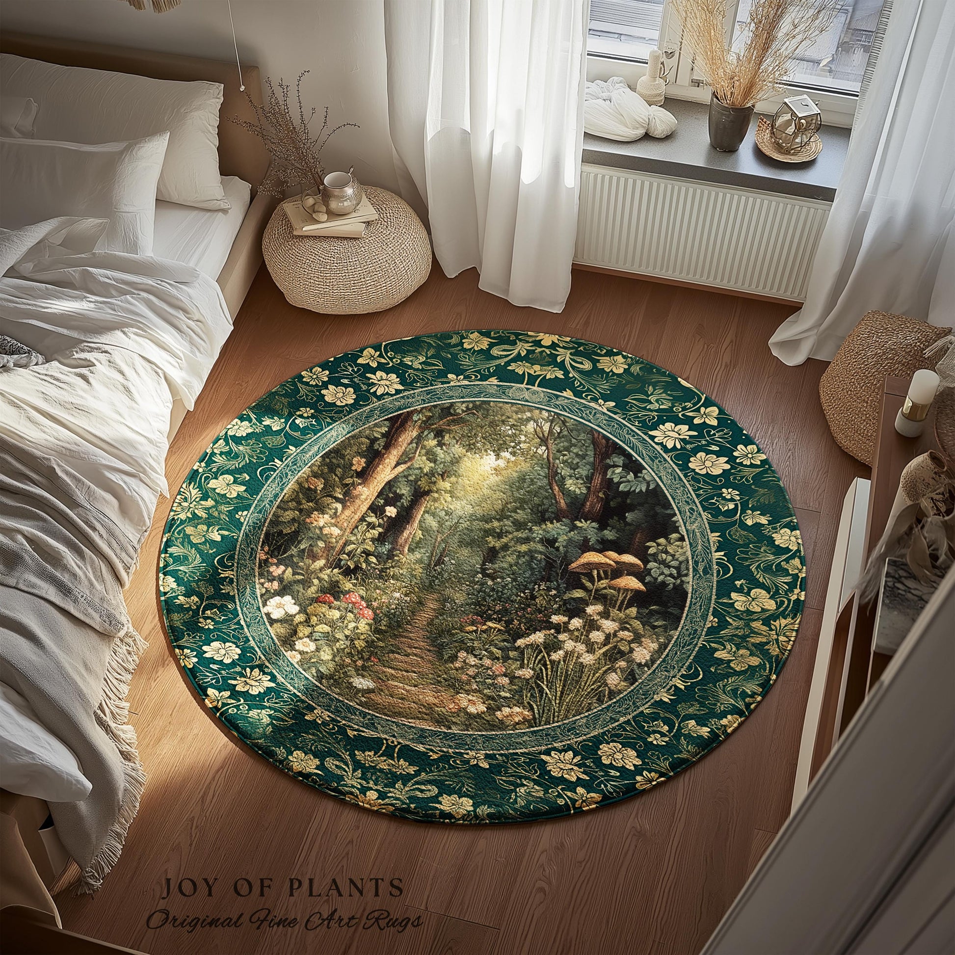 Botanical Bedroom Area Rug Fairycore | Woodland Mushroom Aesthetic Nature Lover Book Nook Bedroom Emerald Green Decor Fairytale Inspired |