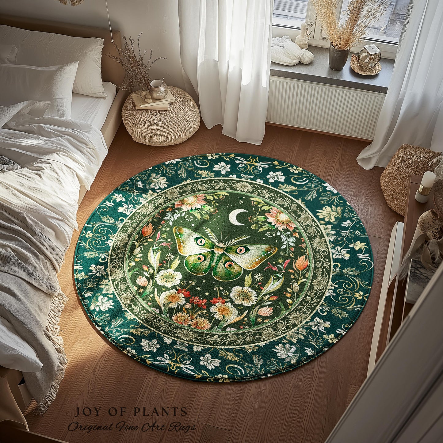 Botanical Moth Moon Rug Whimsical Floral Fairycore Enchanted Forest Art, Vintage Forest Green Cottagecore Woodland Whimsy Butterfly Decor
