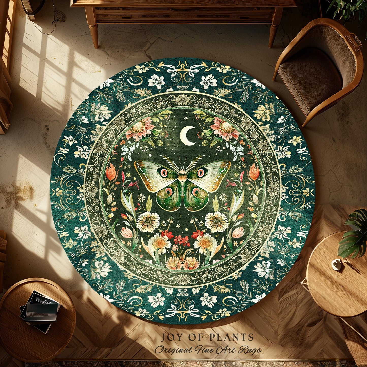 Botanical Moth Moon Rug Whimsical Floral Fairycore Enchanted Forest Art, Vintage Forest Green Cottagecore Woodland Whimsy Butterfly Decor