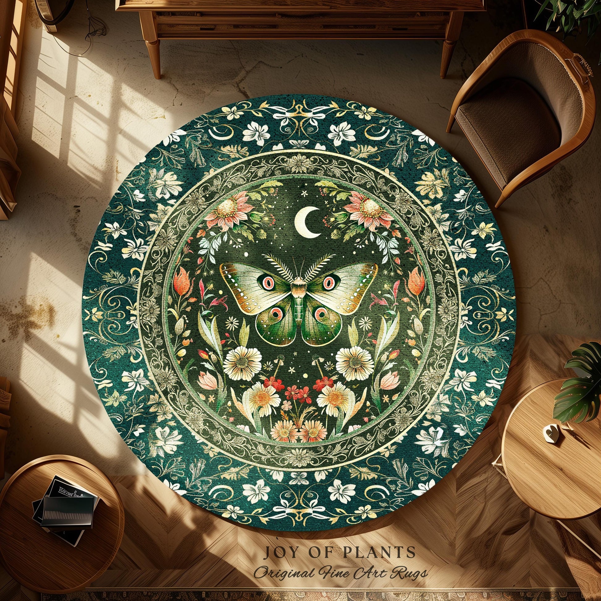 Botanical Moth Moon Rug Whimsical Floral Fairycore Enchanted Forest Art, Vintage Forest Green Cottagecore Woodland Whimsy Butterfly Decor