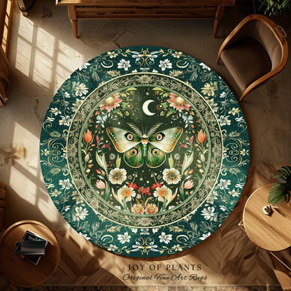 Botanical Moth Moon Rug Whimsical Floral Fairycore Enchanted Forest Art, Vintage Forest Green Cottagecore Woodland Whimsy Butterfly Decor