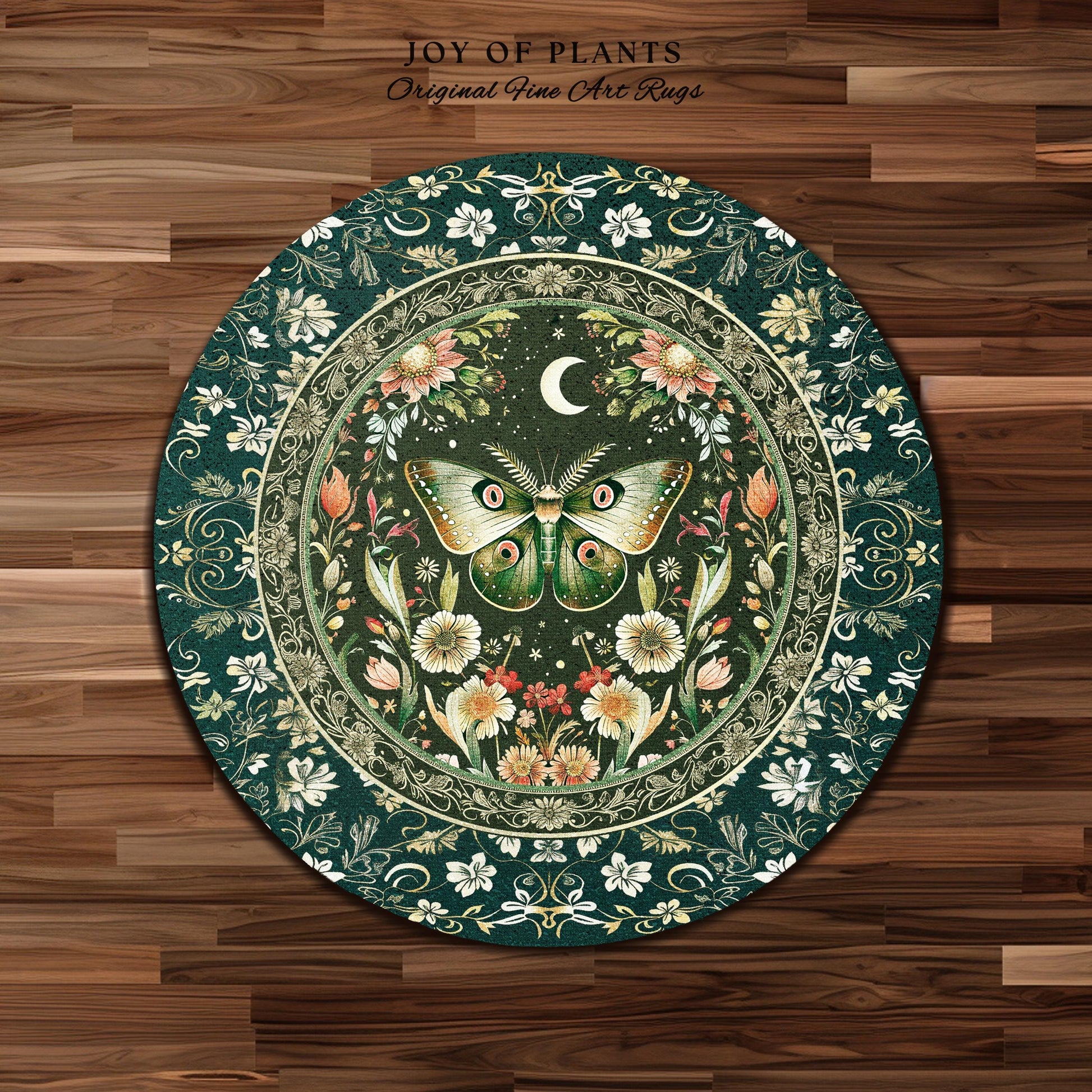 Botanical Moth Moon Rug Whimsical Floral Fairycore Enchanted Forest Art, Vintage Forest Green Cottagecore Woodland Whimsy Butterfly Decor