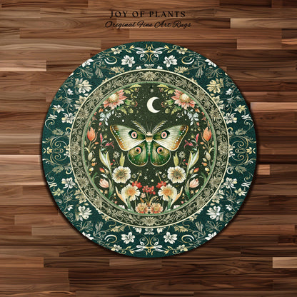 Botanical Moth Moon Rug Whimsical Floral Fairycore Enchanted Forest Art, Vintage Forest Green Cottagecore Woodland Whimsy Butterfly Decor