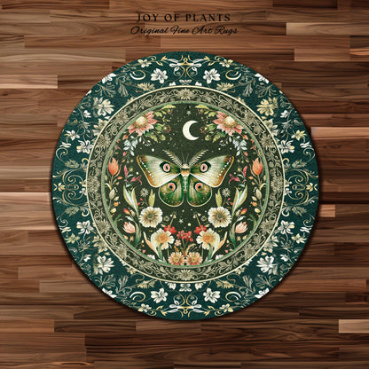 Botanical Moth Moon Rug Whimsical Floral Fairycore Enchanted Forest Art, Vintage Forest Green Cottagecore Woodland Whimsy Butterfly Decor
