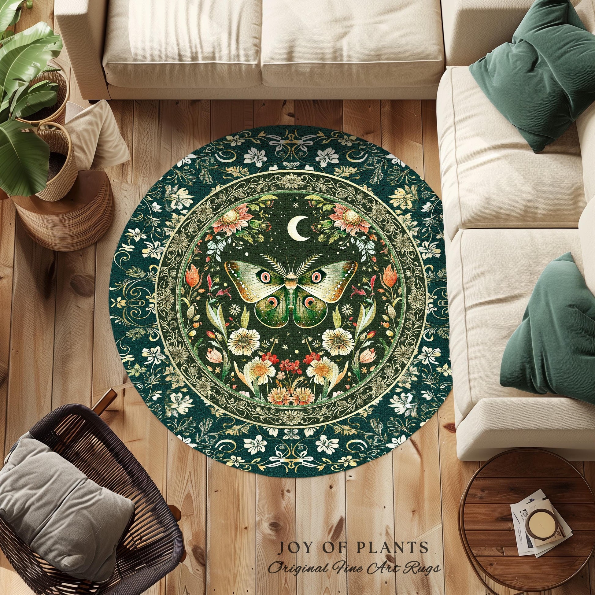 Botanical Moth Moon Rug Whimsical Floral Fairycore Enchanted Forest Art, Vintage Forest Green Cottagecore Woodland Whimsy Butterfly Decor