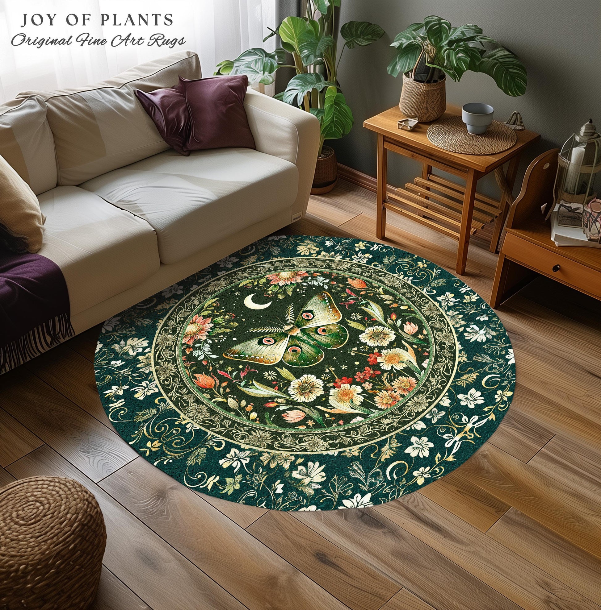 Botanical Moth Moon Rug Whimsical Floral Fairycore Enchanted Forest Art, Vintage Forest Green Cottagecore Woodland Whimsy Butterfly Decor