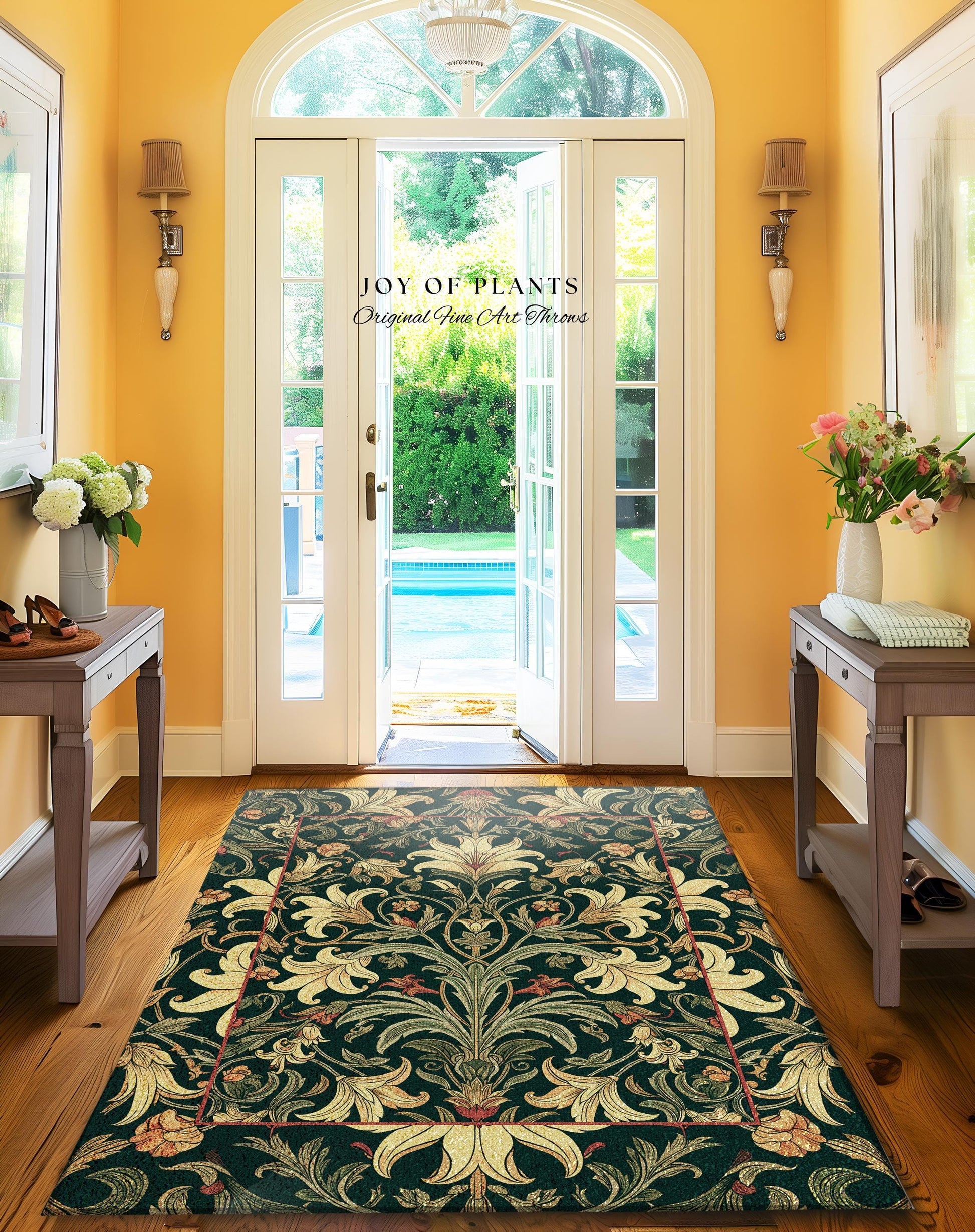 Earthy Fairycore Floral Aesthetic Rug | Enchanted Muted Forest Green Art Nouveau Victorian Decor Cottagecore Academia Art Deco Bedroom Decor