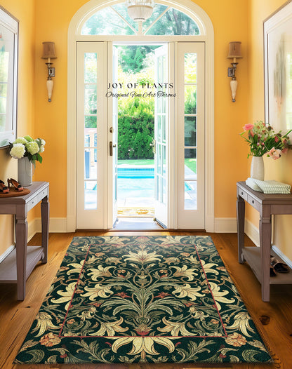 Earthy Fairycore Floral Aesthetic Rug | Enchanted Muted Forest Green Art Nouveau Victorian Decor Cottagecore Academia Art Deco Bedroom Decor