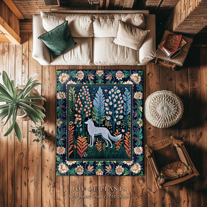 Floral Woodland Cozy Boho Rug | Cabincore Indie Aesthetic Folklore Cute Wolf Nursery Fairytale Danish Pastel Cottagecore Whimsical Accent |