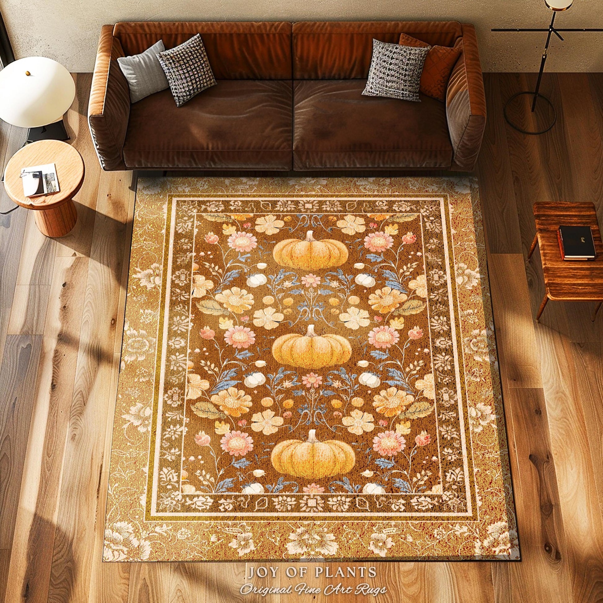 Vintage Rust Orange Pumpkin Rug Rustic Fall Decor | Autumn Floral Cottagecore Pumpkin Farmhouse Rug Retro Whimsical Harvest Earth Tone Rug