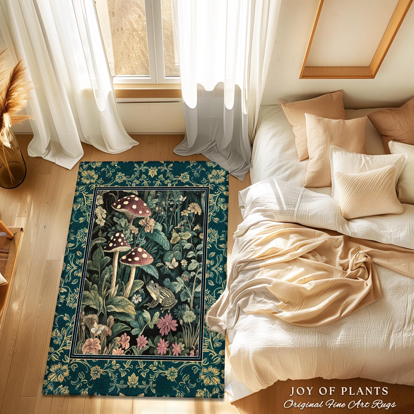 Fairytale Forest Mushroom Frog Area Rug | Trendy Aesthetic Cottagecore Botanical Accent Rug for Emerald Green Funky Woodland Book Nook |