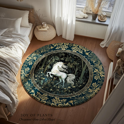 Enchanted Meadow Unicorn Area Rug | Victorian Fairycore Whimsical Ethereal Bedroom Rug Medieval Woodland Fairytale Magical Rustic Medieval |