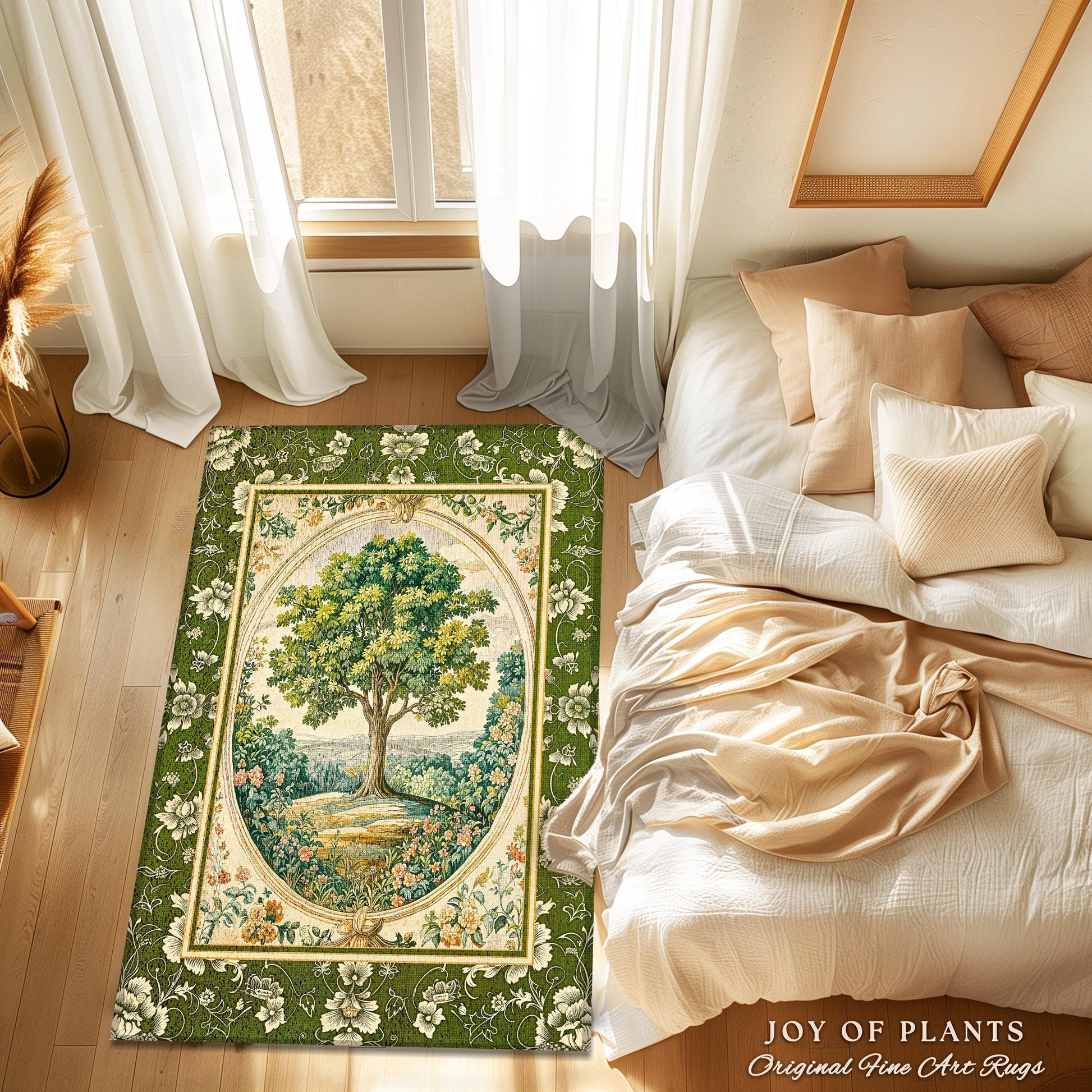 Victorian Soft Aesthetic Tree of Life Rug | Romantic Botanical Regency Decor Floral Enchanted Forest Accent Green Tones Cottagecore Theme