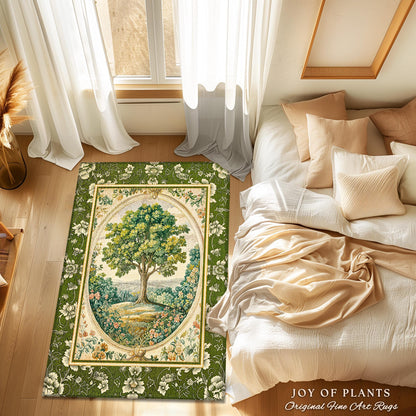 Victorian Soft Aesthetic Tree of Life Rug | Romantic Botanical Regency Decor Floral Enchanted Forest Accent Green Tones Cottagecore Theme