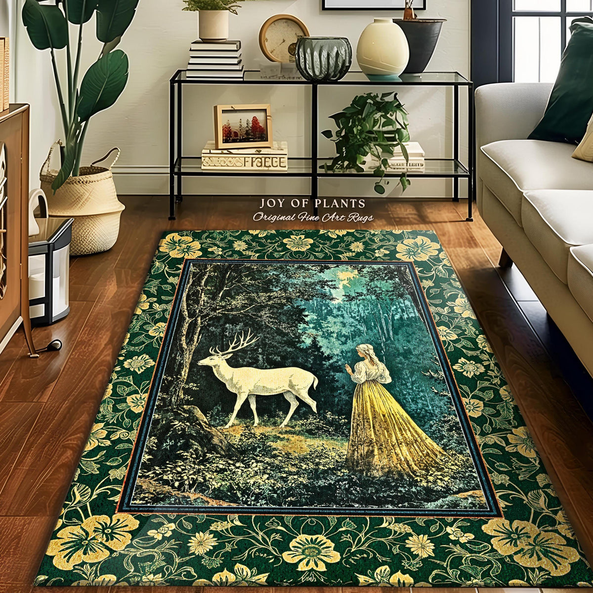 Dreamy Fairytale Forest Deer Rug | Folklore Inspired Ethereal Nature Area Rug Woodland Bedroom Botanical Carpet Elegance Magical Mystic Art