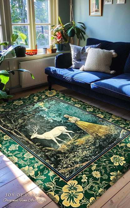Dreamy Fairytale Forest Deer Rug | Folklore Inspired Ethereal Nature Area Rug Woodland Bedroom Botanical Carpet Elegance Magical Mystic Art