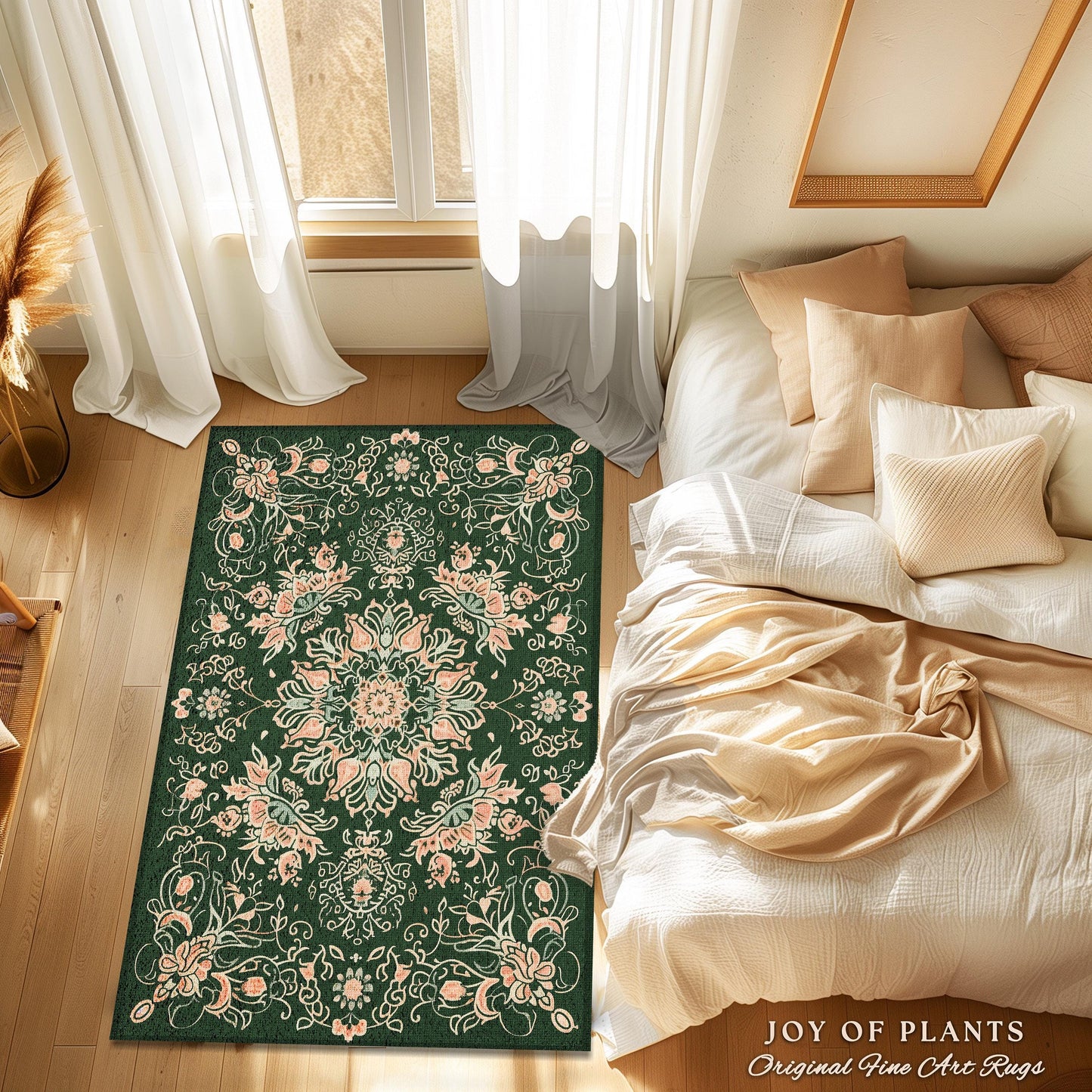Sea Green Peachy Area Rug | Forest Green Aesthetic Room Decor Classic Ornate Victorian Living Room Rug Nordic Accent for Elegant Bedroom |