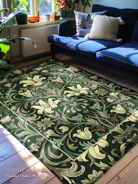 Antique Victorian Floral Rug Dark Green Botanical Aesthetic, Baroque Inspired Art Nouveau Vintage Cottagecore Mat William Morris Style Decor