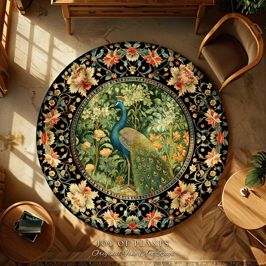 Floral Cottagecore Round Peacock Rug Botanical Bedroom Decor Morris Style Cottagecore, Woodland Academia Royalcore Rug Mystical Forestcore