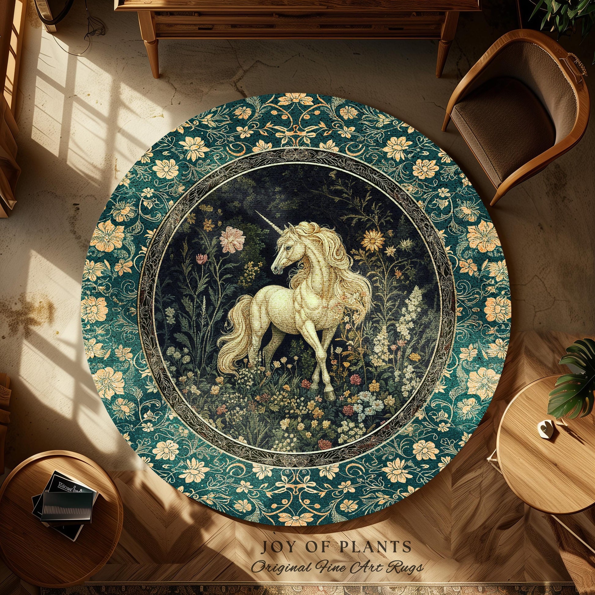 Magic Medieval Unicorn Accent Rug | Woodland Nature Vintage Aesthetic Area Rug Whimsical Bedroom Decor Magic Cottagecore Magical Creatures |