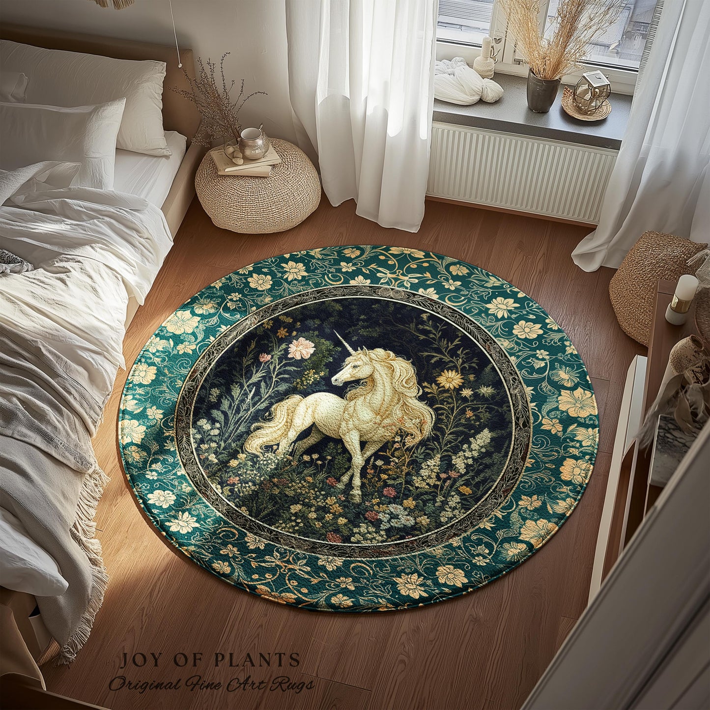 Magic Medieval Unicorn Accent Rug | Woodland Nature Vintage Aesthetic Area Rug Whimsical Bedroom Decor Magic Cottagecore Magical Creatures |