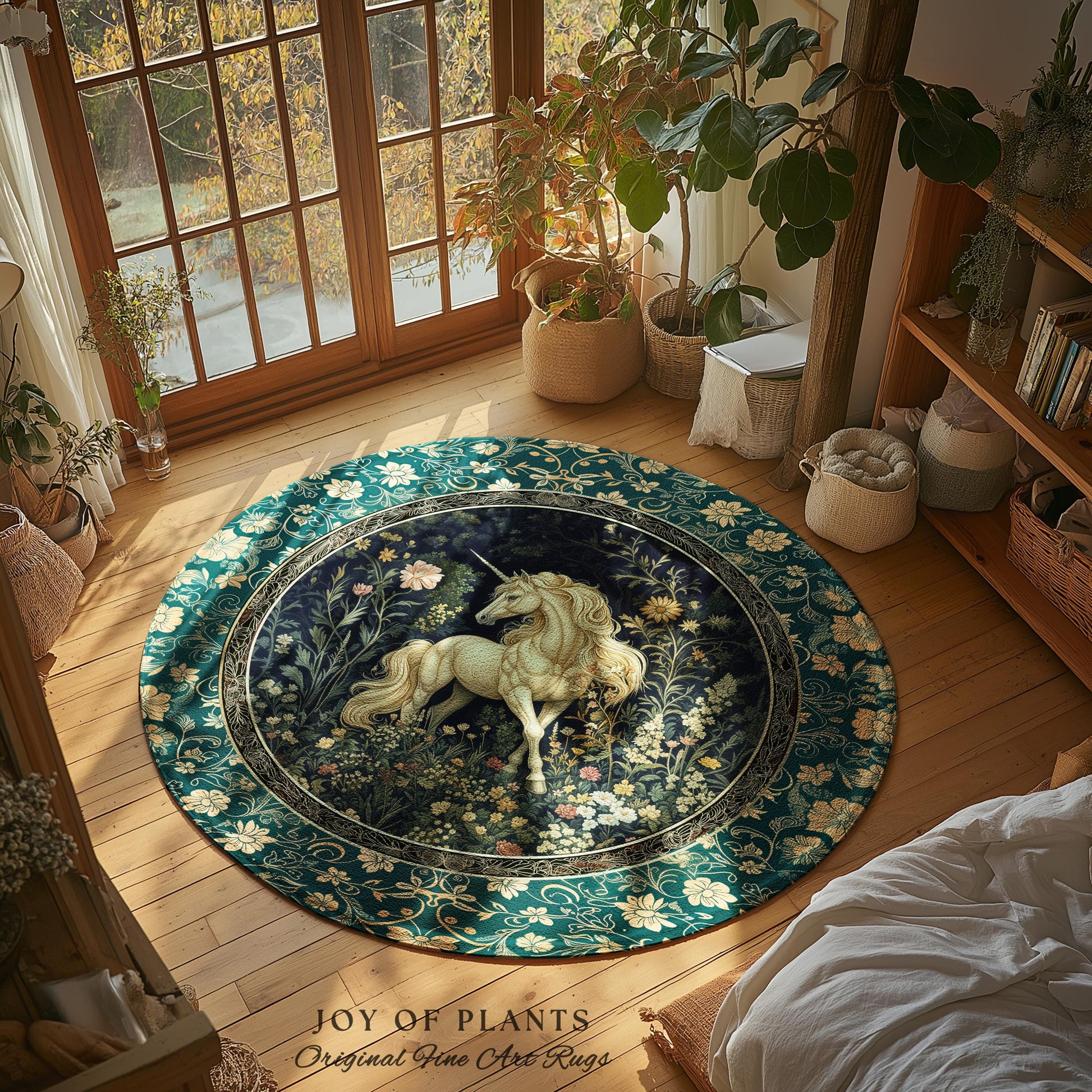 Magic Medieval Unicorn Accent Rug | Woodland Nature Vintage Aesthetic Area Rug Whimsical Bedroom Decor Magic Cottagecore Magical Creatures |