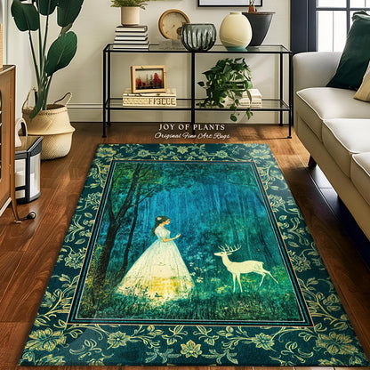 Spirit Animal Magic Forest Rug | Woodland Folklore Accent Rug Spiritual Meaning Enchanted Woods Botanical Whimsical Deer Ethereal Goddess |