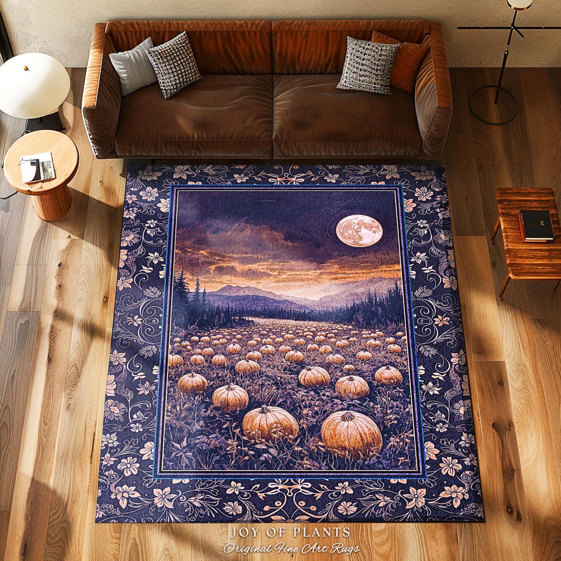 Midnight Purple Moonlit Autumn Rug | Cozy Pumpkin Decor Rustic Halloween Aesthetic Whimsigoth Dark Academia Fall Vibes Witchy Room Accent |