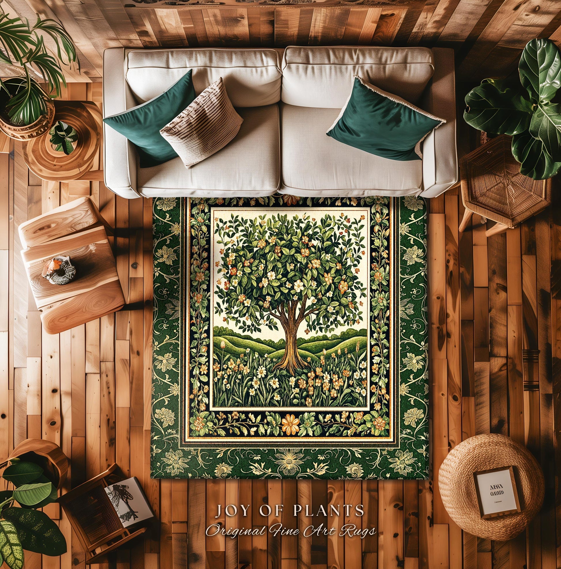Emerald Green Floral Tree of Life Rug | Botanical Forestcore Folklore Vintage Floral Enchanted Cozy Cottagecore Whimsical Natural Aesthetic