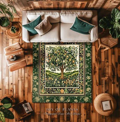 Emerald Green Floral Tree of Life Rug | Botanical Forestcore Folklore Vintage Floral Enchanted Cozy Cottagecore Whimsical Natural Aesthetic