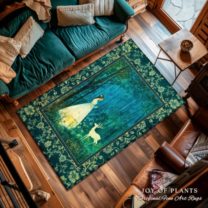 Spirit Animal Magic Forest Rug | Woodland Folklore Accent Rug Spiritual Meaning Enchanted Woods Botanical Whimsical Deer Ethereal Goddess |