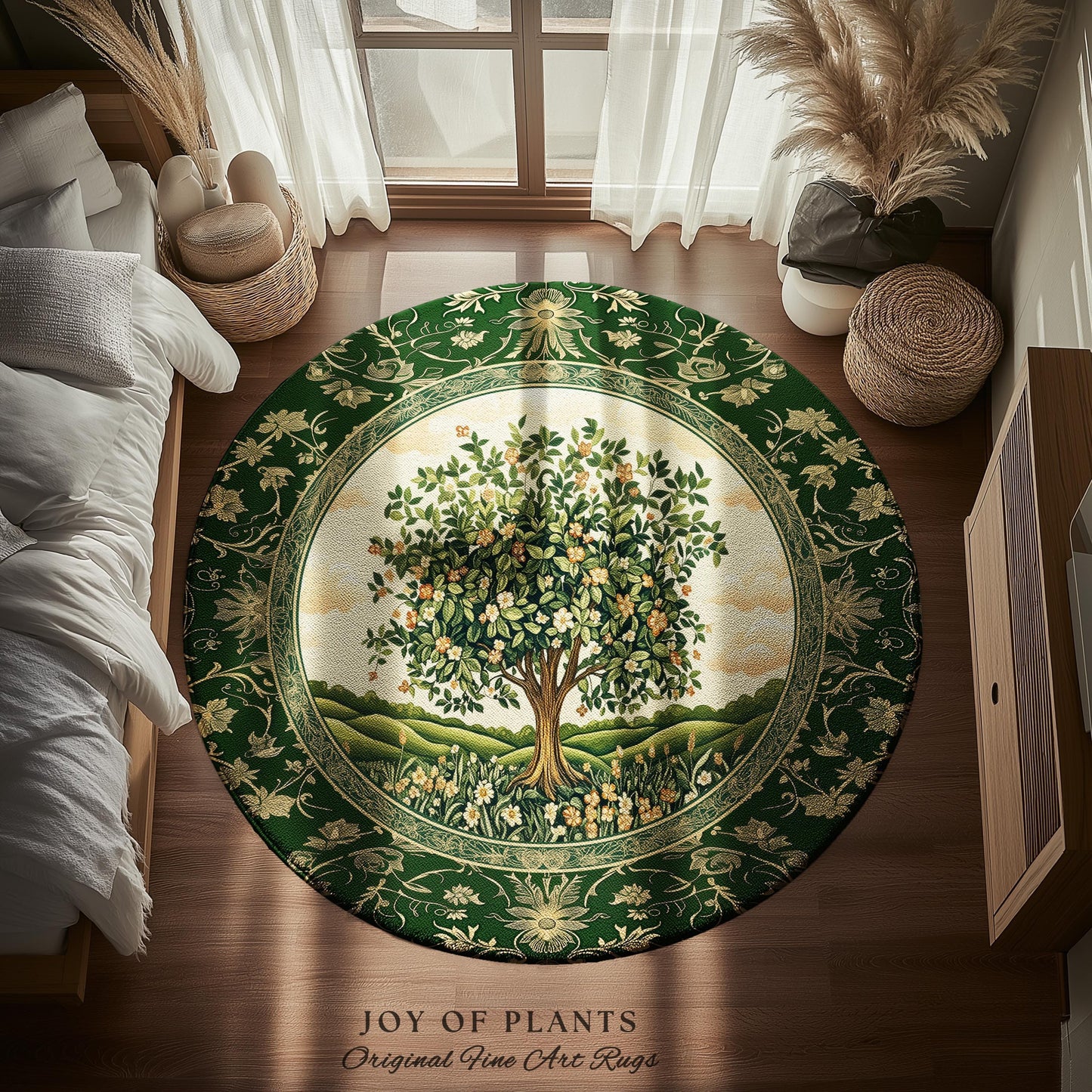 Emerald Green Floral Tree of Life Rug | Botanical Forestcore Folklore Vintage Floral Enchanted Cozy Cottagecore Whimsical Natural Aesthetic