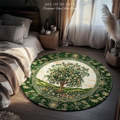 Emerald Green Floral Tree of Life Rug | Botanical Forestcore Folklore Vintage Floral Enchanted Cozy Cottagecore Whimsical Natural Aesthetic