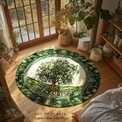 Emerald Green Floral Tree of Life Rug | Botanical Forestcore Folklore Vintage Floral Enchanted Cozy Cottagecore Whimsical Natural Aesthetic