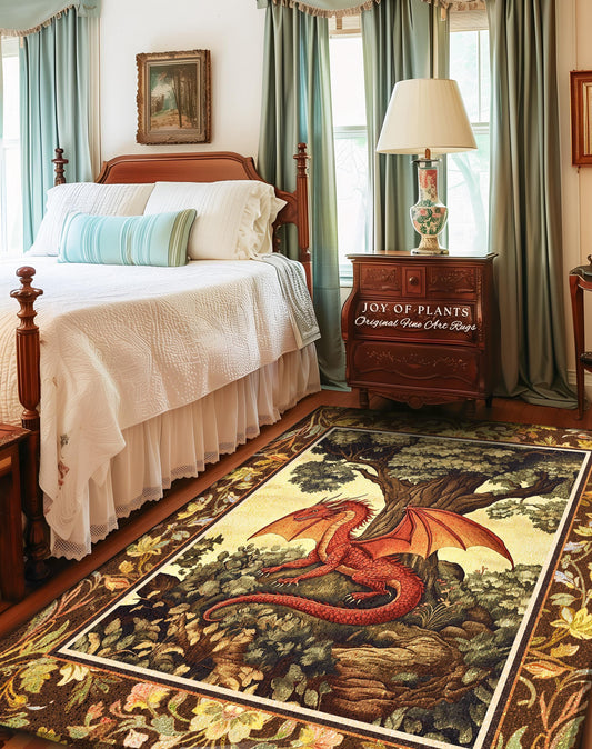 May include: A rectangular area rug featuring a red dragon resting under a tree. The rug has a detailed border with floral and leaf patterns. The text "JOY OF PLANTS Original Fine Art Rugs" is on a wooden nightstand.