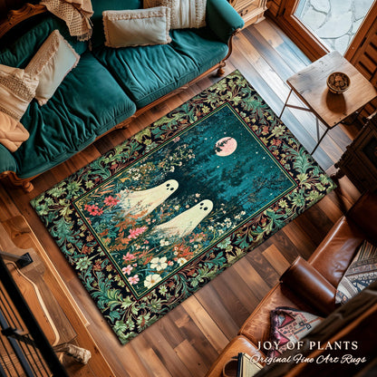 Ghost Friends Wildflower Moon Area Rug | Cute Whimsigothic Decoration Spooky Vibes Haunted Forest Cottagecore Decor Artistic Botanical Cozy