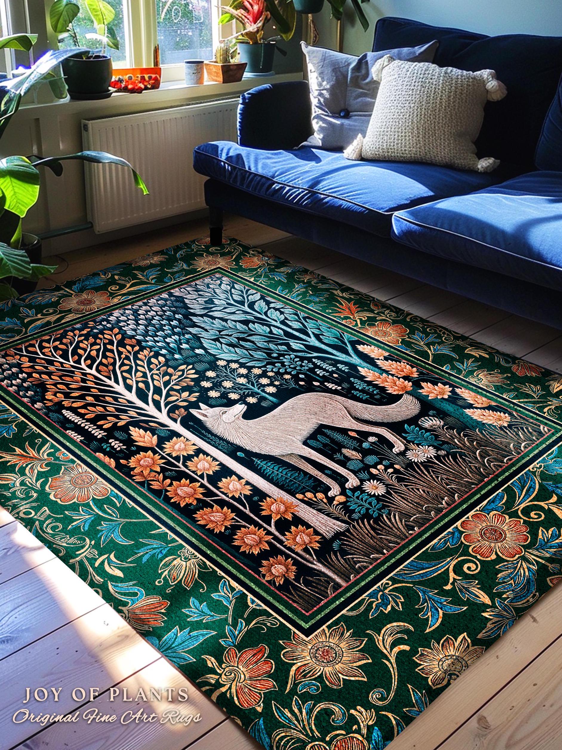 Playful Forest Boho Whimsical Area Rug | Scandinavian Woodland Wolf Boho Fairytale Danish Cottagecore Aesthetic Bohemian Home Accent Cozy |