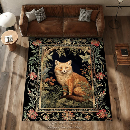 Eclectic Fox Area Rug | Whimsical Bedroom Decor William Morris Inspired Cottagecore Room Soft Aesthetic Dark Academia Style Rug Mystical