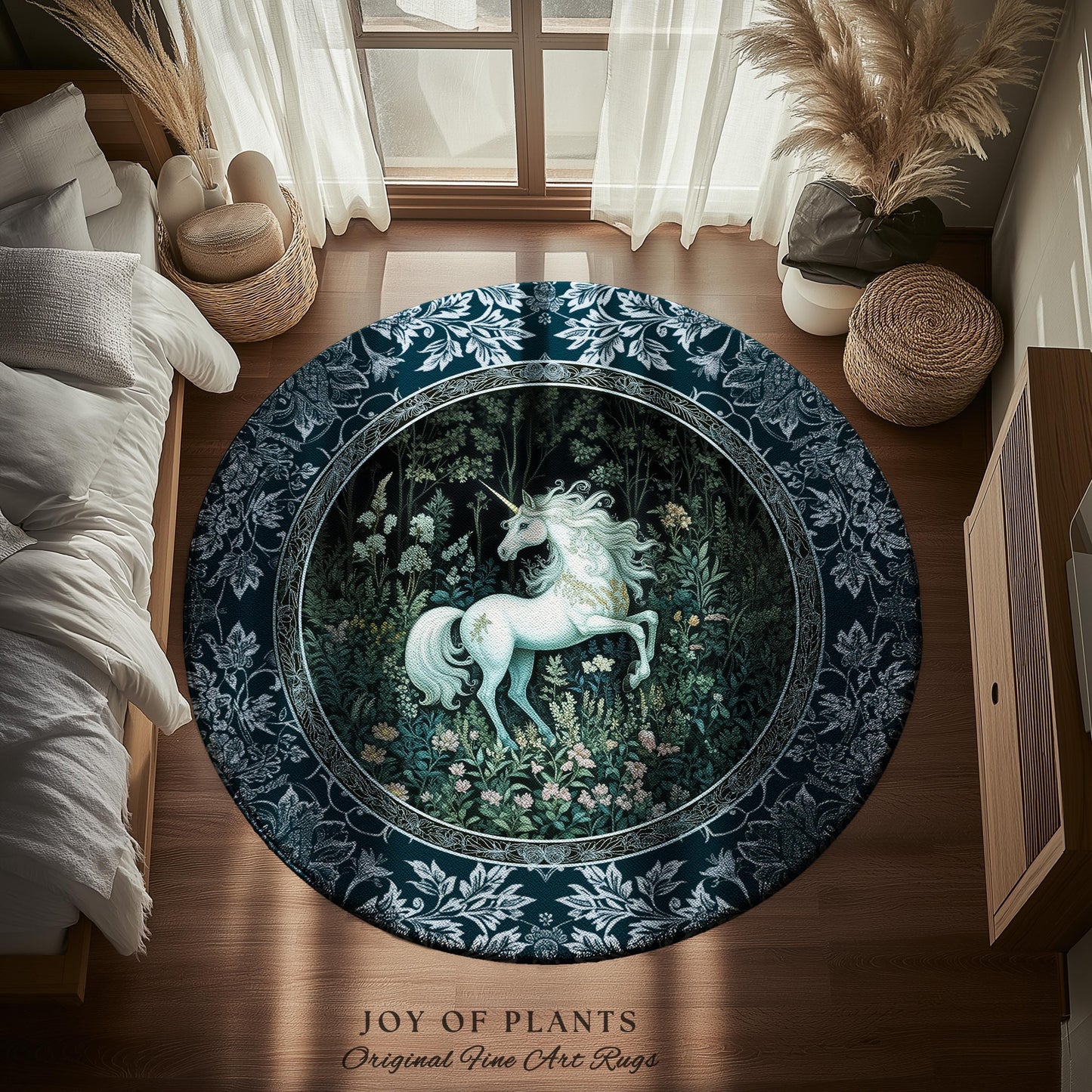 Midnight Magic Unicorn Area Rug | Dark Botanical Maximalist Bedroom Colorful Whimsical Victorian Fairycore Accent Rug Medieval Castlecore |
