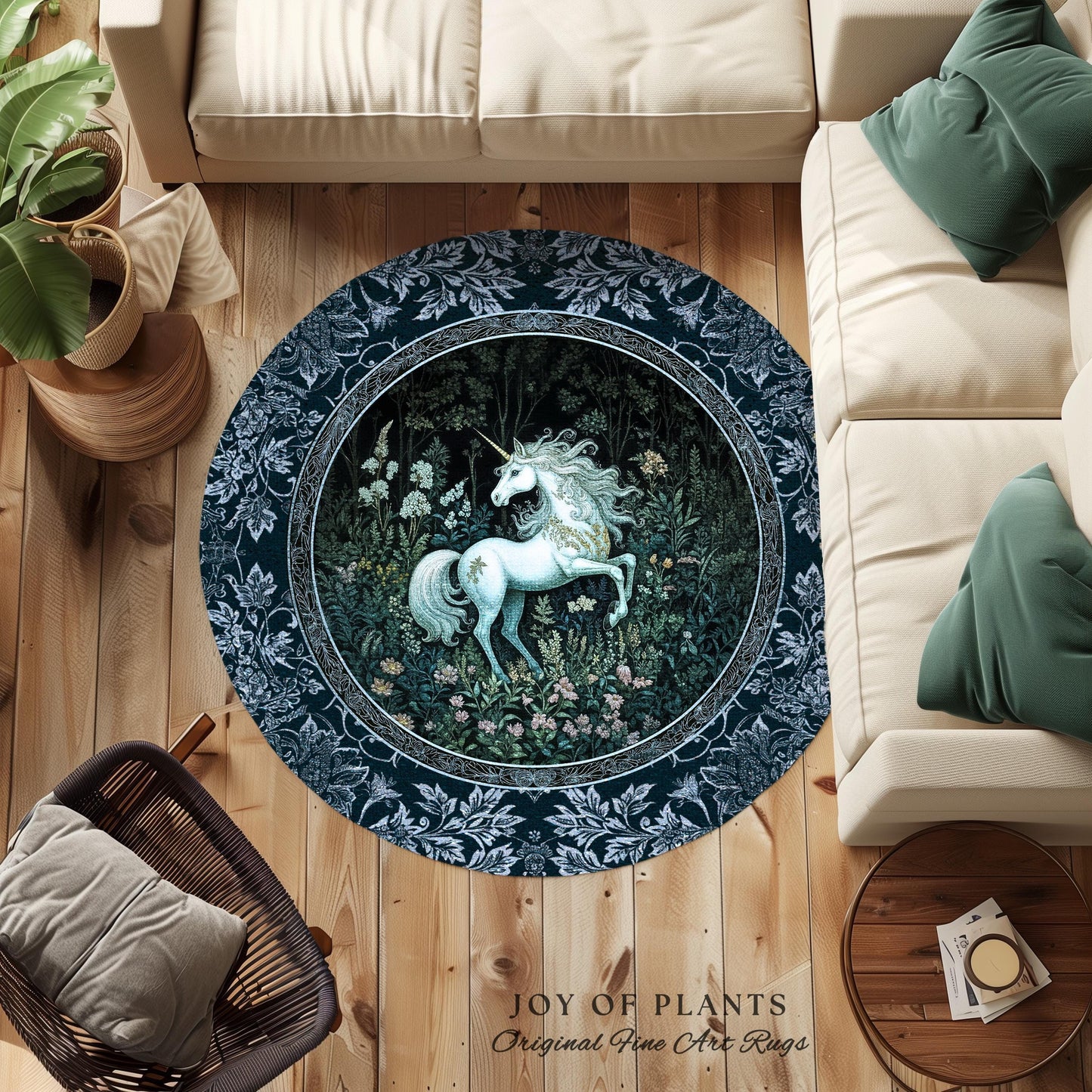 Midnight Magic Unicorn Area Rug | Dark Botanical Maximalist Bedroom Colorful Whimsical Victorian Fairycore Accent Rug Medieval Castlecore |