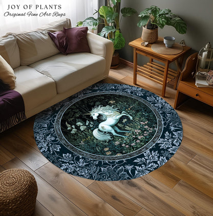 Midnight Magic Unicorn Area Rug | Dark Botanical Maximalist Bedroom Colorful Whimsical Victorian Fairycore Accent Rug Medieval Castlecore |