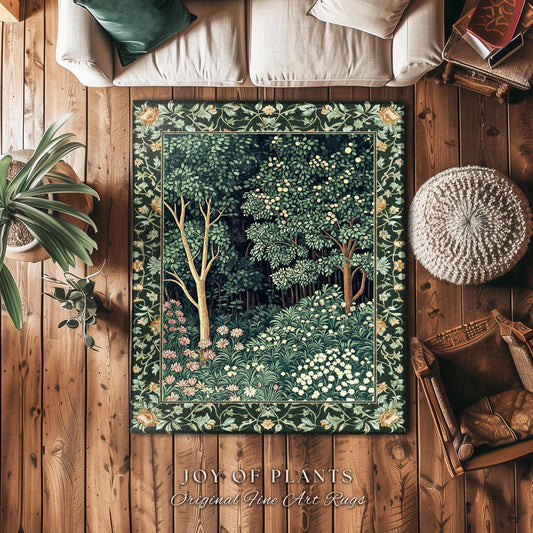 May include: A green tapestry rug with a floral design featuring trees and flowers. The rug has a dark green background with a light green border. The text "JOY OF PLANTS Original Fine Art Rugs" is printed below the rug.