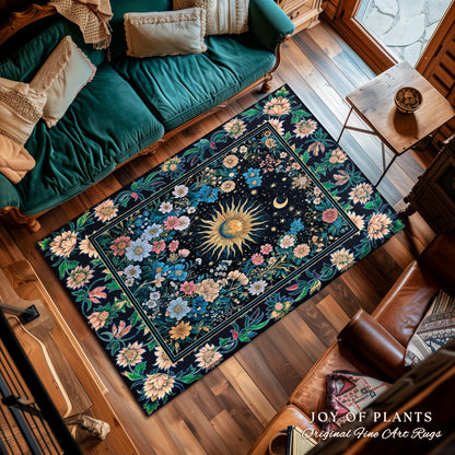 Colorful Maximalist Boho Sun Area Rug | Whimsigothic Tarot Home Accent Celestial Spiritual Decor Bohemian Indie Bedroom Sun and Moon Cozy |