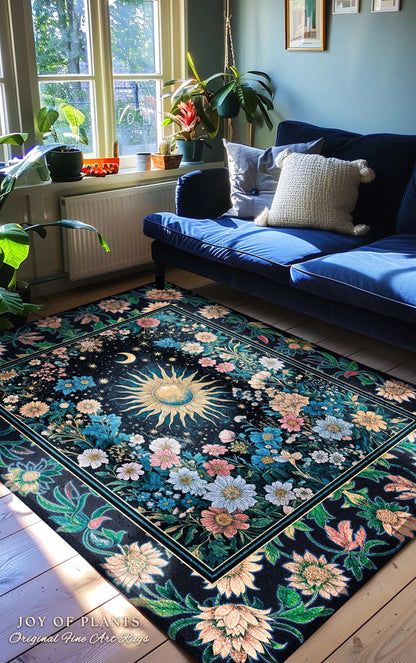 Colorful Maximalist Boho Sun Area Rug | Whimsigothic Tarot Home Accent Celestial Spiritual Decor Bohemian Indie Bedroom Sun and Moon Cozy |