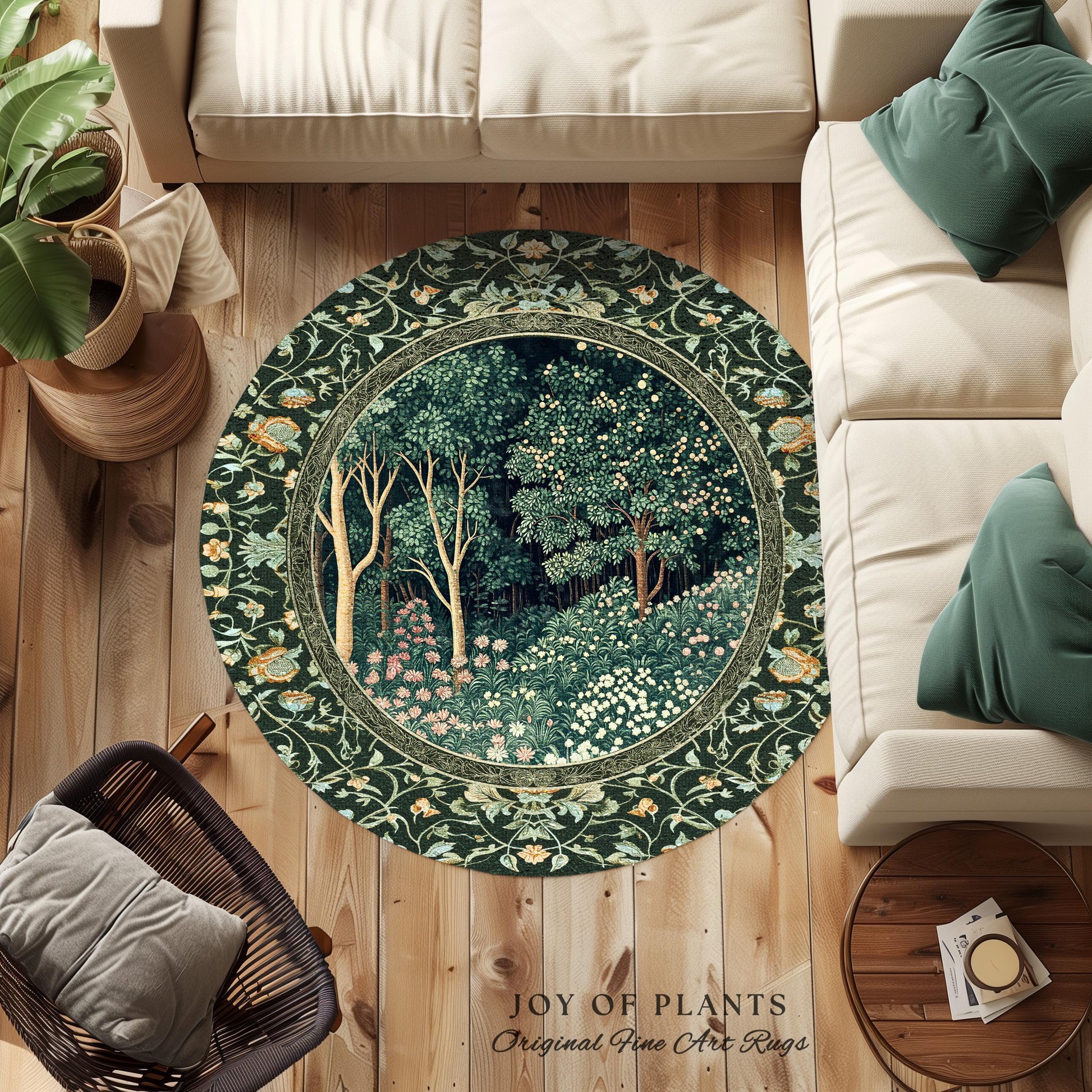 Medieval Forest Botanical Floor Rug | Woodland Botanical Emerald Green Vintage Aesthetic Mystic Book Nook Room Decor Magical Bedroom Theme |