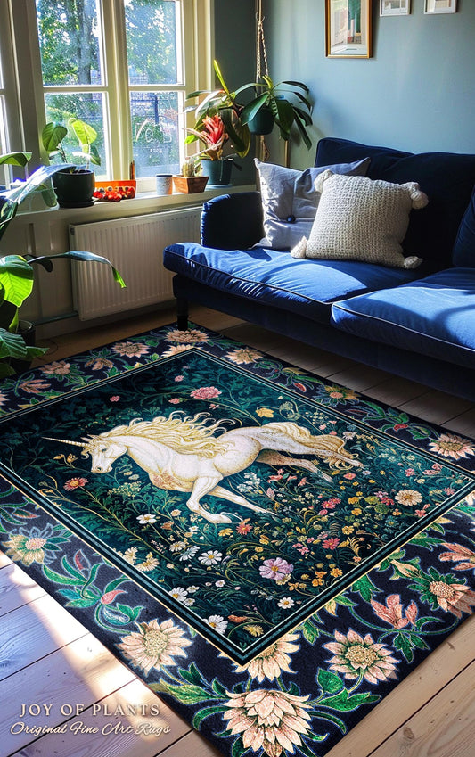 May include: A rectangular area rug featuring a white unicorn galloping across a field of flowers. The rug has a dark teal background with a floral border and the text "JOY OF PLANTS Original Fine Art Rugs".