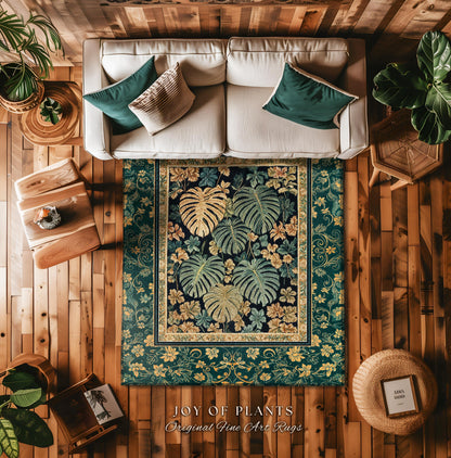 Unique Monstera Print Botanical Rug | Elegant Greenhouse Statement Rug Woodland Decor Houseplant Love Moody Jungle Vibe Tropical Area Rug |