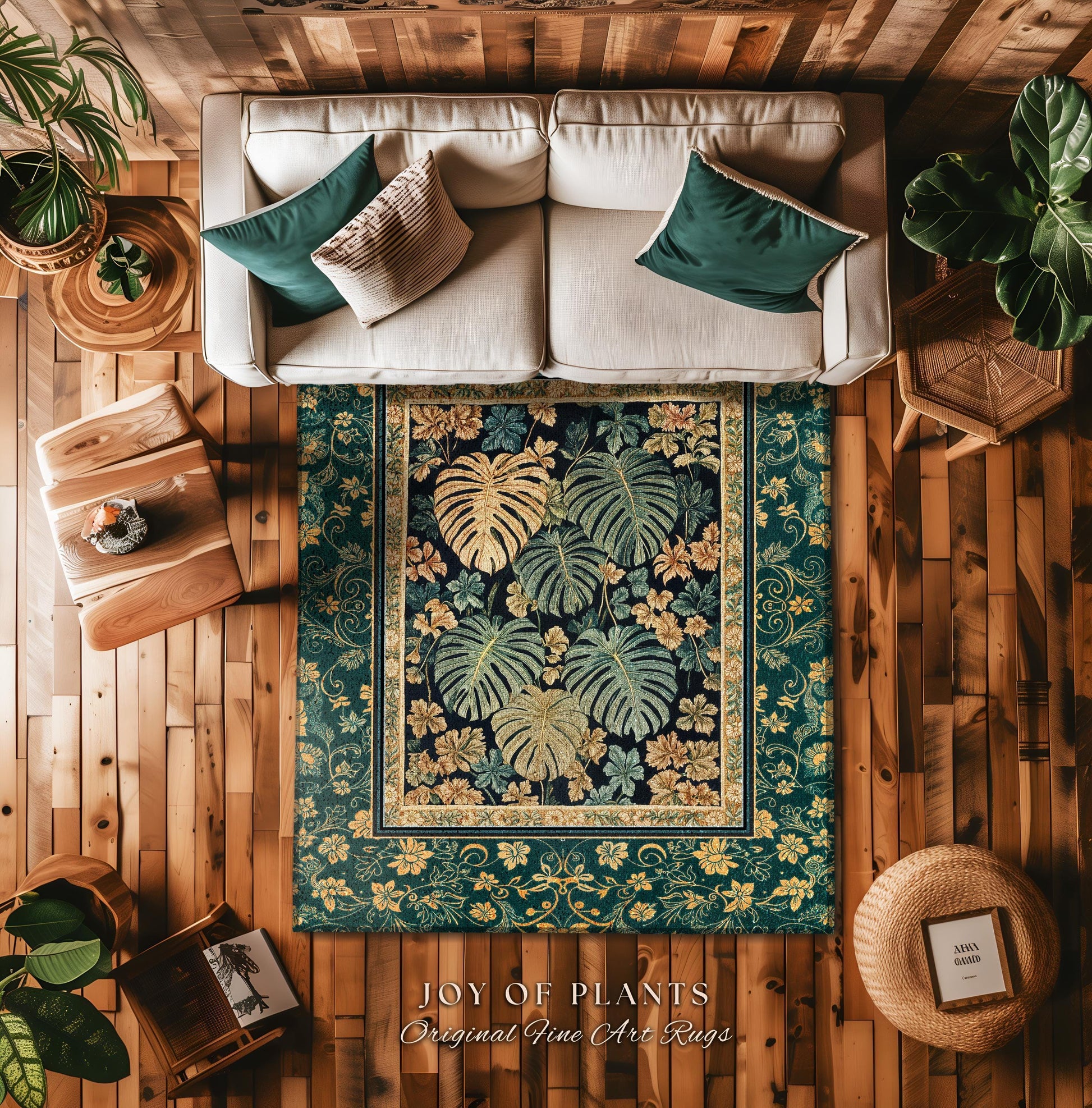 Unique Monstera Print Botanical Rug | Elegant Greenhouse Statement Rug Woodland Decor Houseplant Love Moody Jungle Vibe Tropical Area Rug |