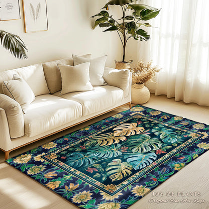 Enchanting Forest Tropical Statement Rug | Earthy Green Colors Maximalist Elegant Statement Rug Woodland Moody Jungle Vibe Plant Lover Room